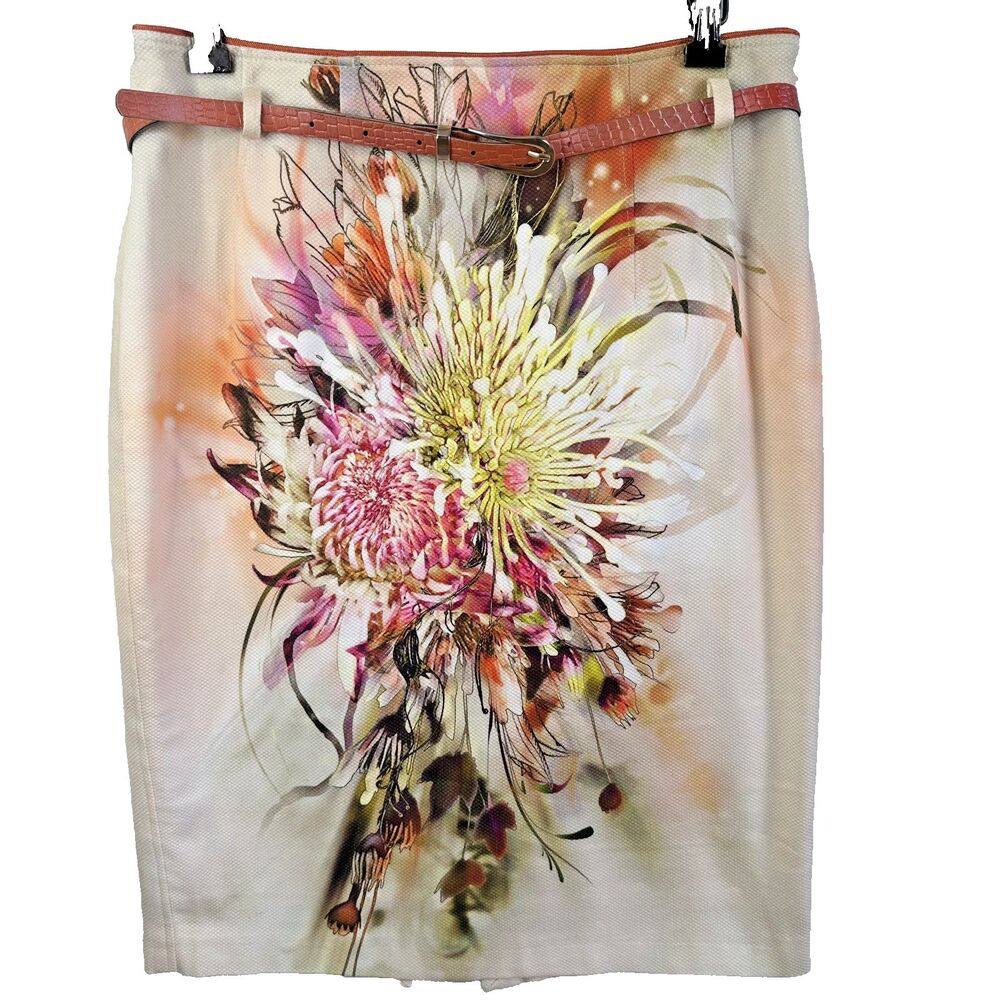 APANAGE Women's Cream Floral Knee Length Cotton Belted Pencil Skirt Sz 8/10